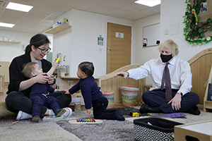 Boris Johnson at Monkey Puzzle Nursery talking to staff and children