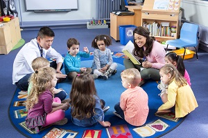 children being read to by two practitioners at circle time on the floor
