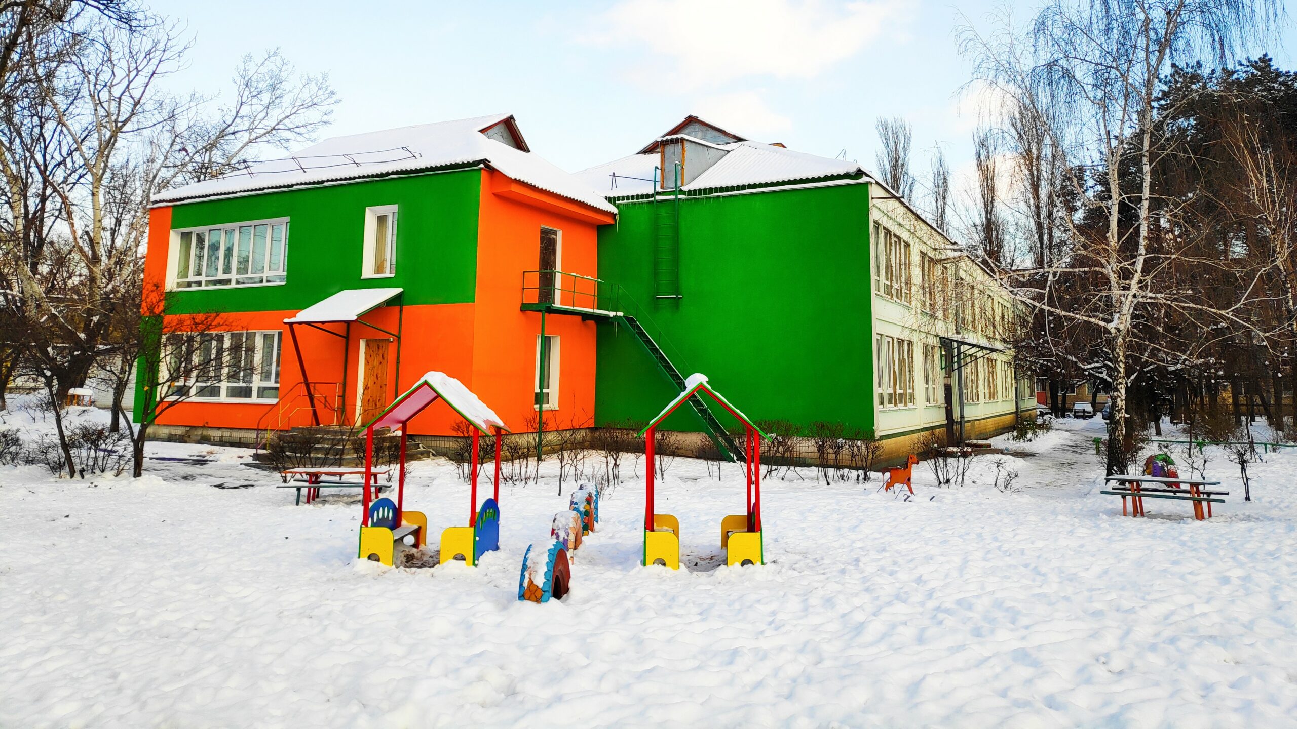 Nursery building covered in snow in winter