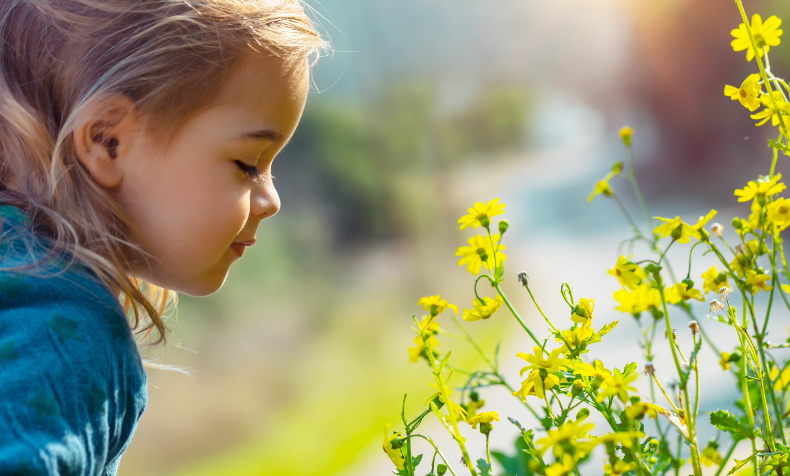 Child smelling flowers